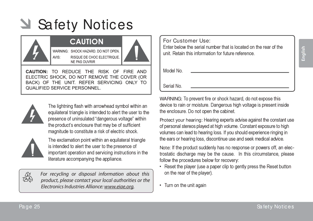 COBY electronic MP768, MP757, MP767 quick start ÂÂSafety Notices, For Customer Use 