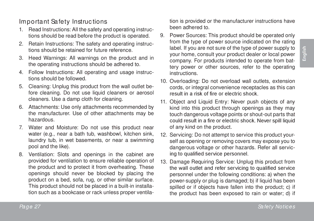 COBY electronic MP757, MP768, MP767 quick start Important Safety Instructions 