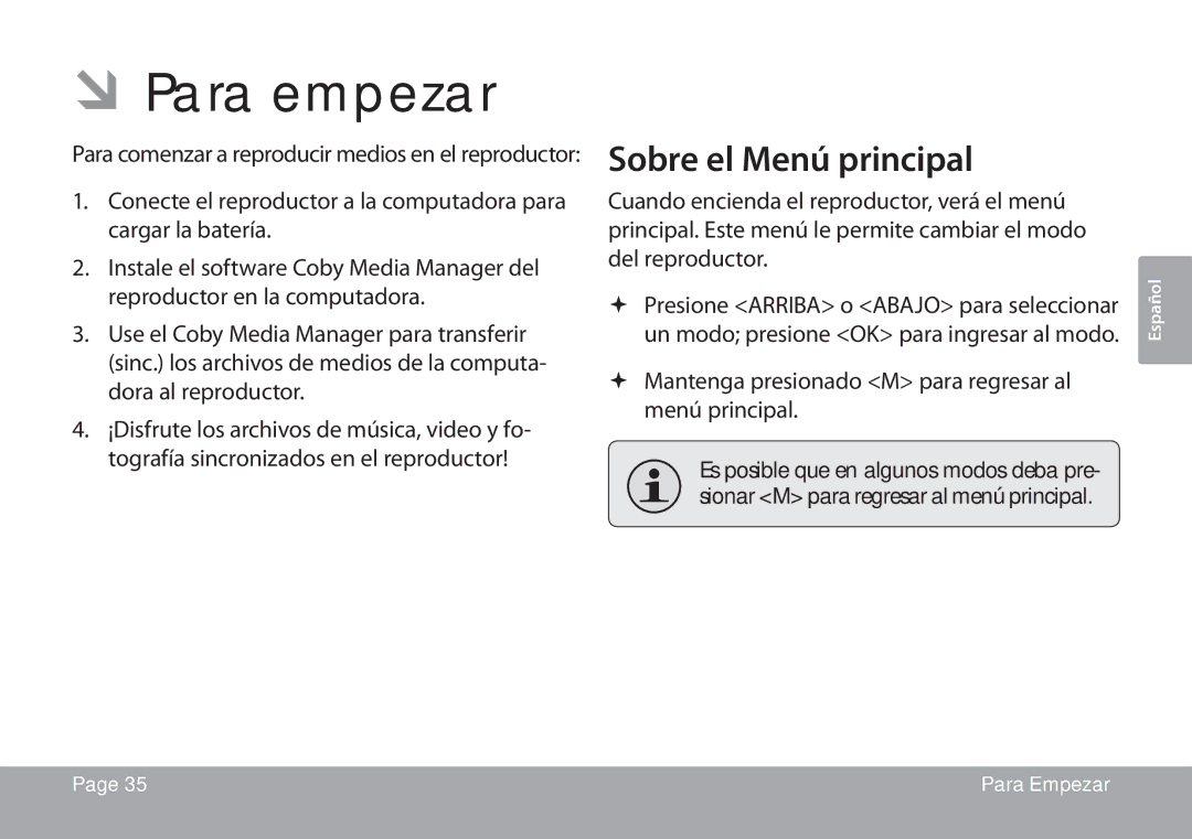 COBY electronic MP767 ÂÂPara empezar, Sobre el Menú principal,  Mantenga presionado M para regresar al menú principal 