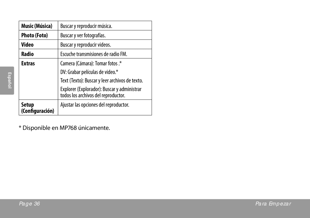 COBY electronic MP757, MP768, MP767 Buscar y reproducir música, Buscar y ver fotografías, Buscar y reproducir videos 