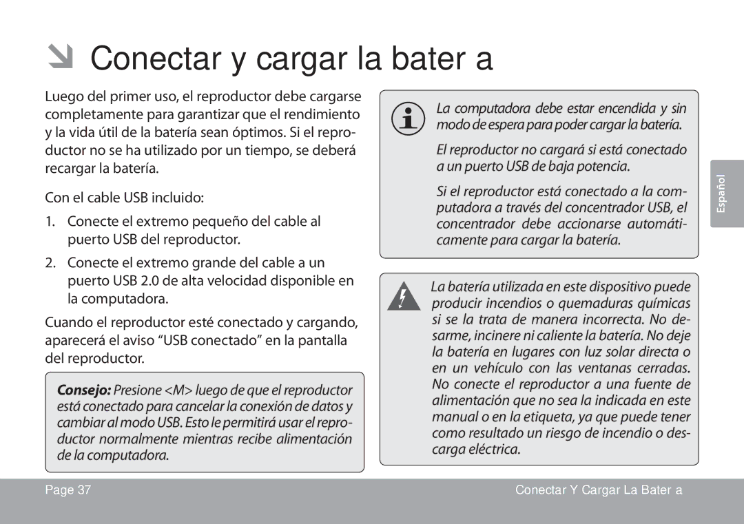 COBY electronic MP768, MP757, MP767 quick start ÂÂConectar y cargar la batería, Del reproductor 