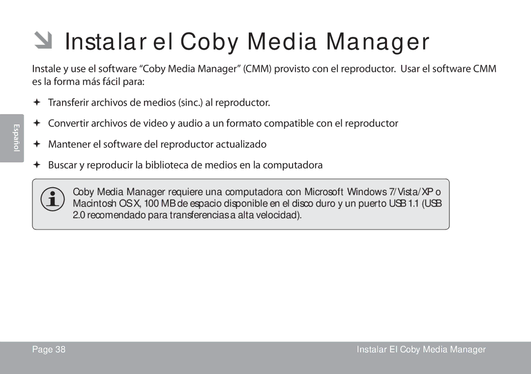 COBY electronic MP767, MP757, MP768 quick start ÂÂInstalar el Coby Media Manager 