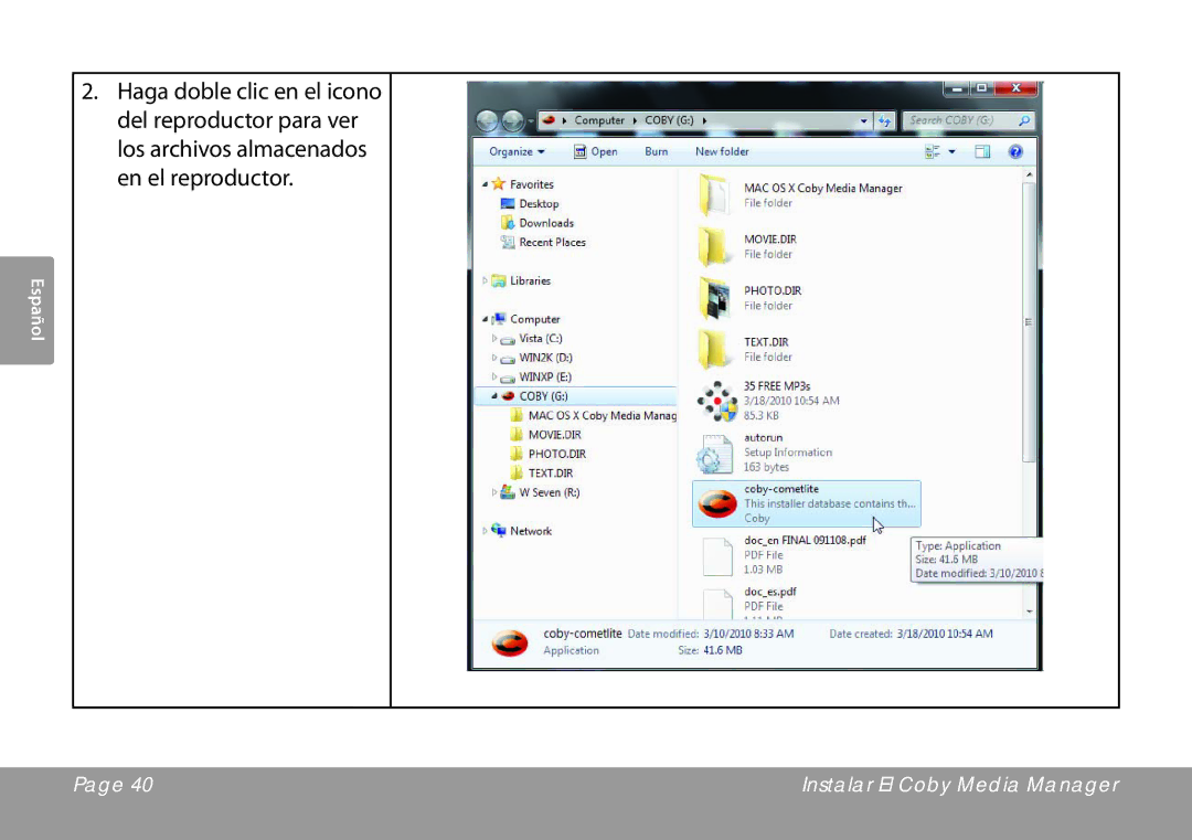 COBY electronic MP768, MP757, MP767 quick start Instalar El Coby Media Manager 