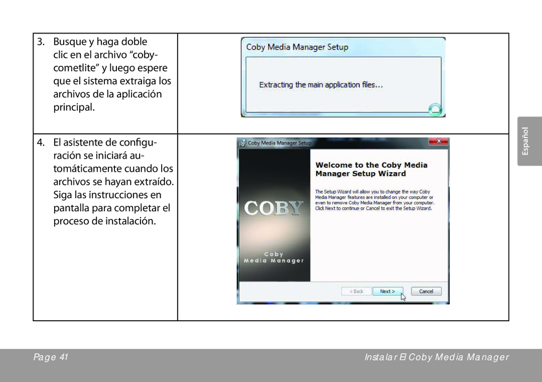 COBY electronic MP767, MP757, MP768 quick start Instalar El Coby Media Manager 