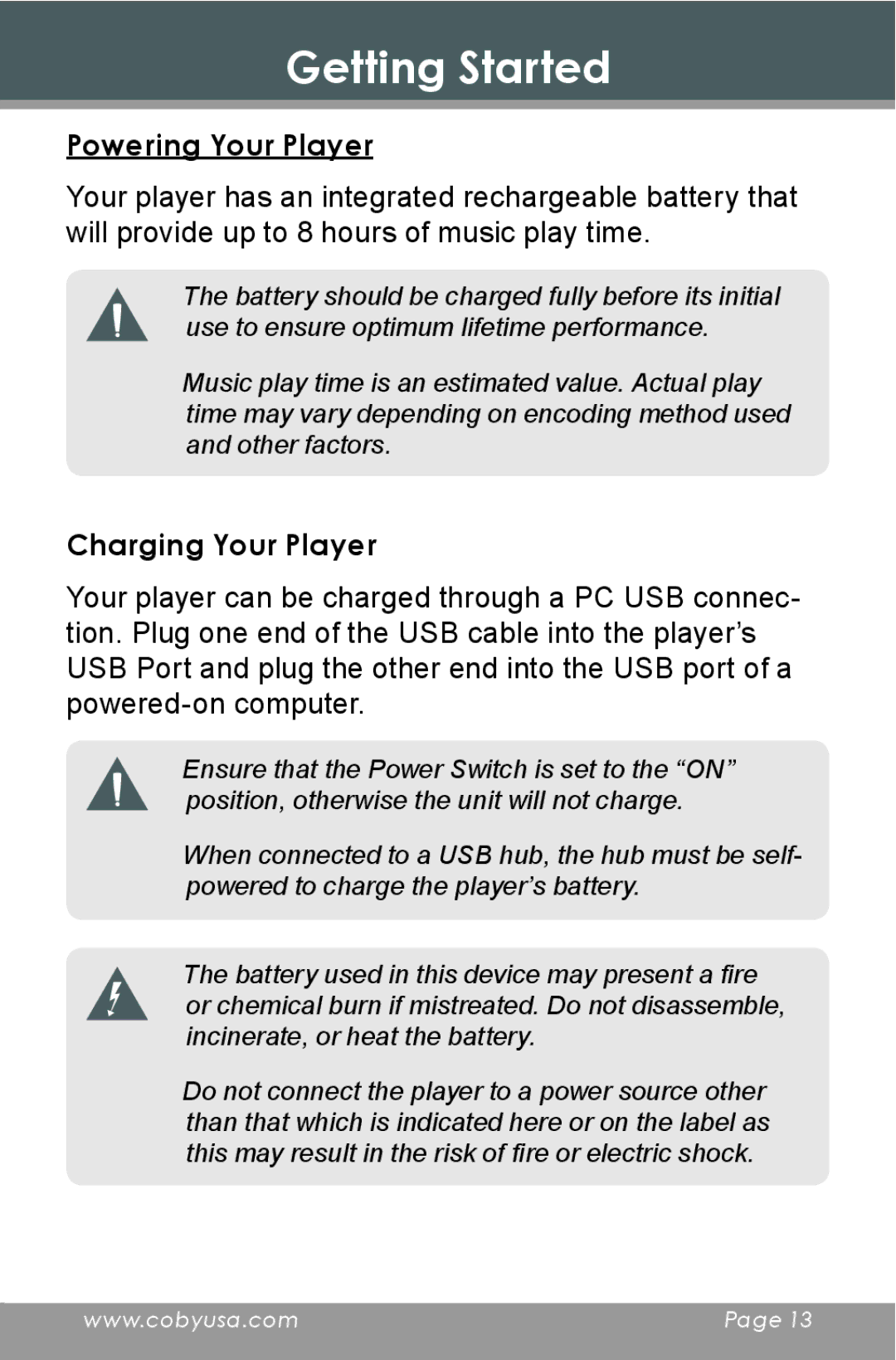 COBY electronic MP805 instruction manual Powering Your Player, Charging Your Player 