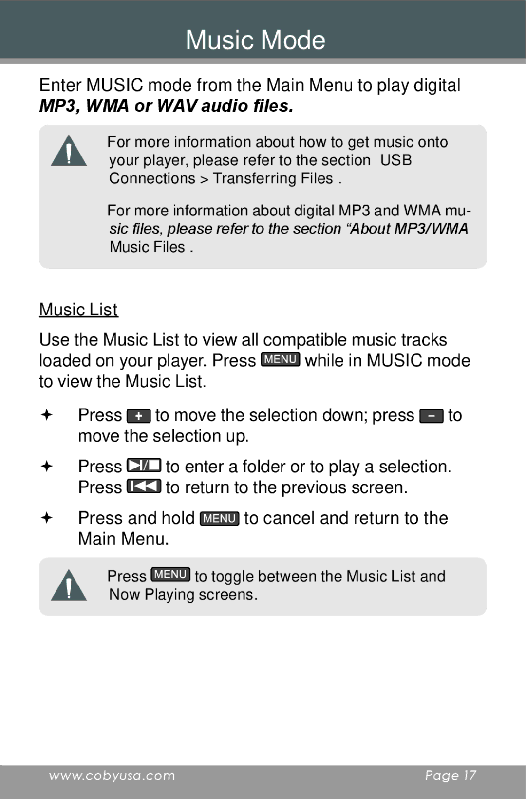 COBY electronic MP805 instruction manual Music Mode, Music List 