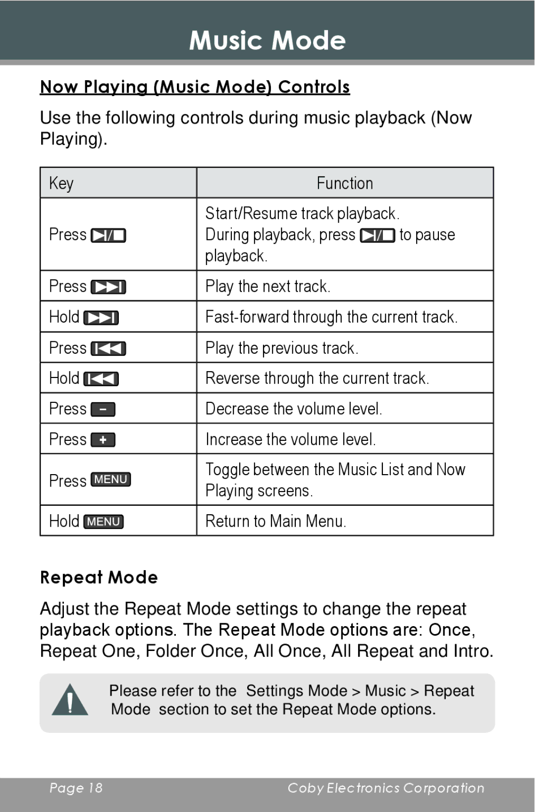 COBY electronic MP805 instruction manual Now Playing Music Mode Controls, Repeat Mode 