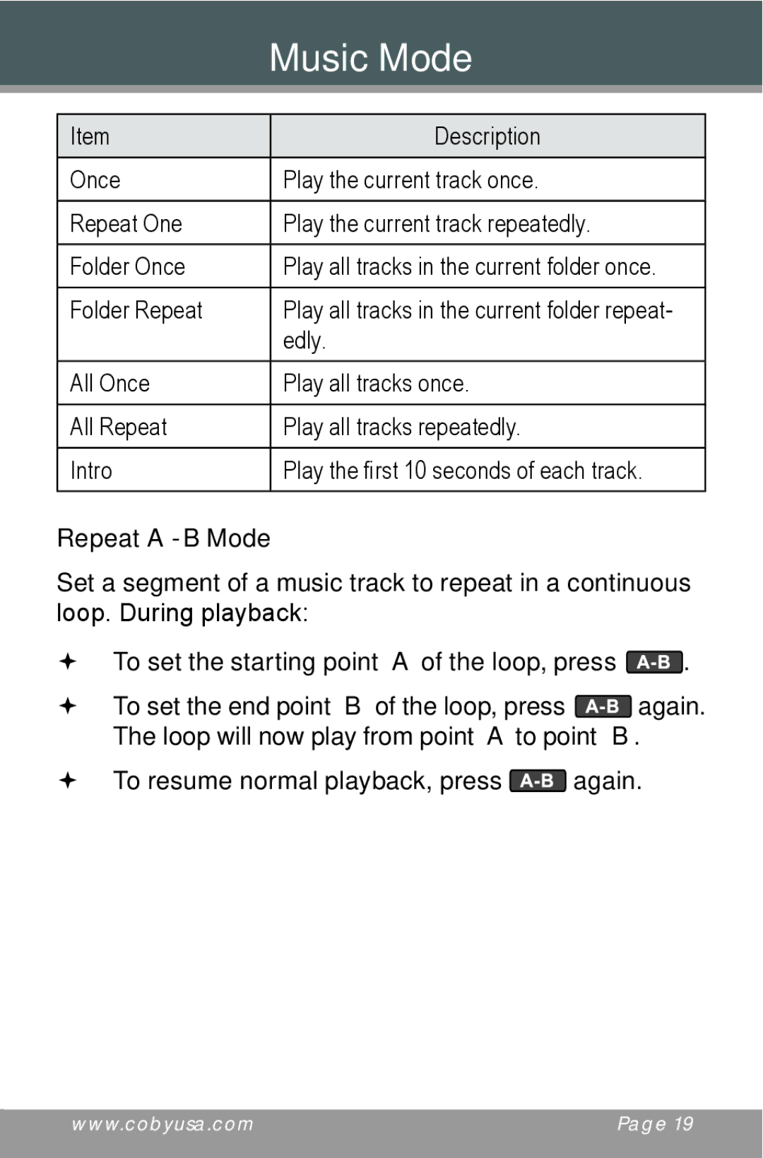 COBY electronic MP805 instruction manual Repeat A-B Mode 