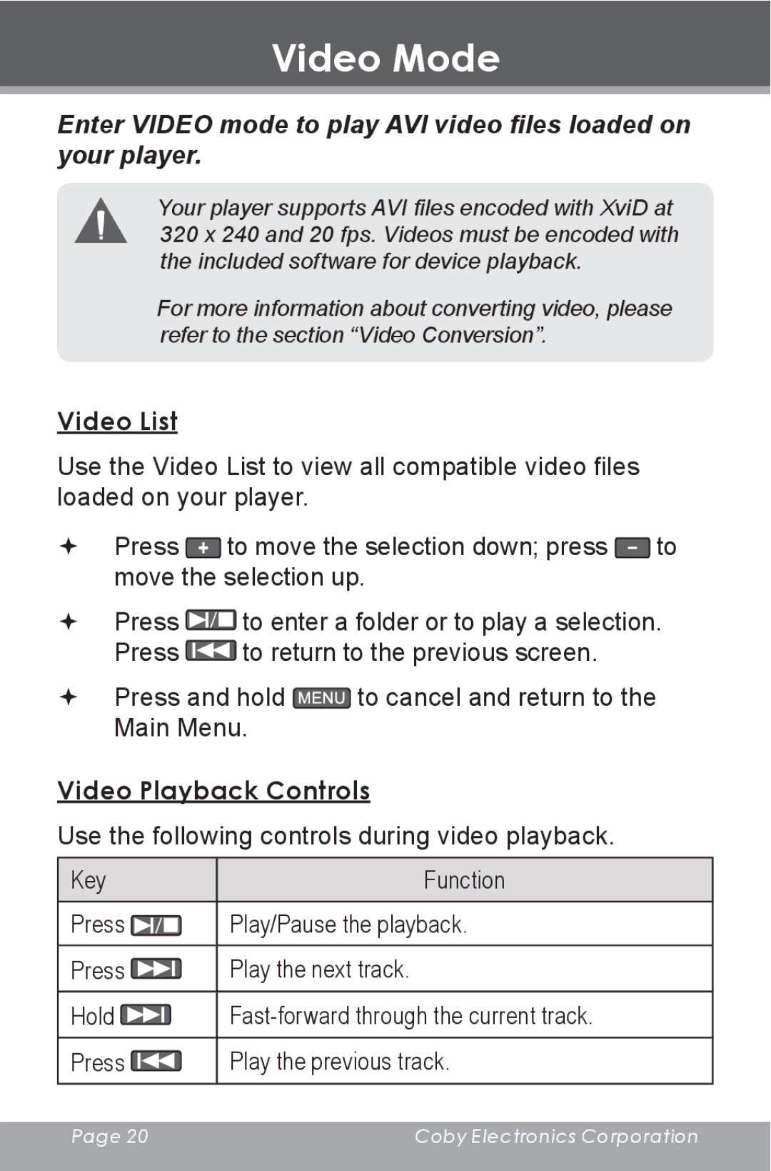 COBY electronic MP805 instruction manual Video Mode, Video List, Video Playback Controls 