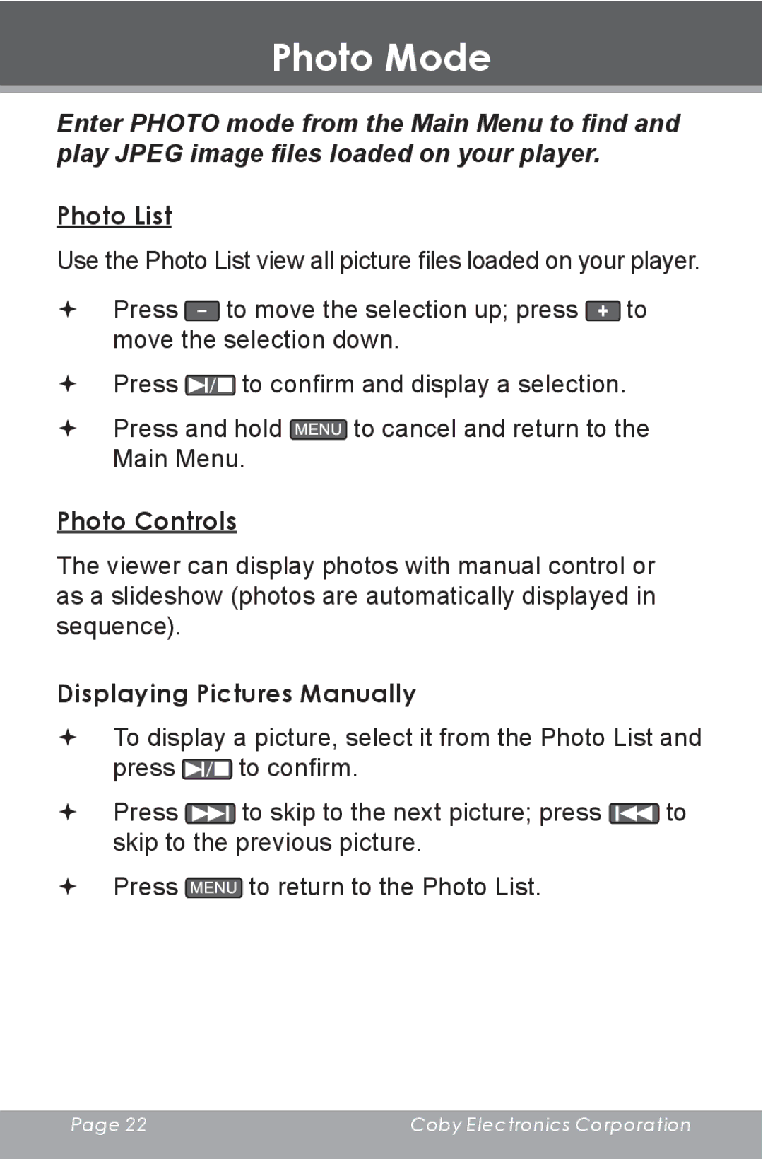 COBY electronic MP805 instruction manual Photo Mode, Photo List, Photo Controls, Displaying Pictures Manually 