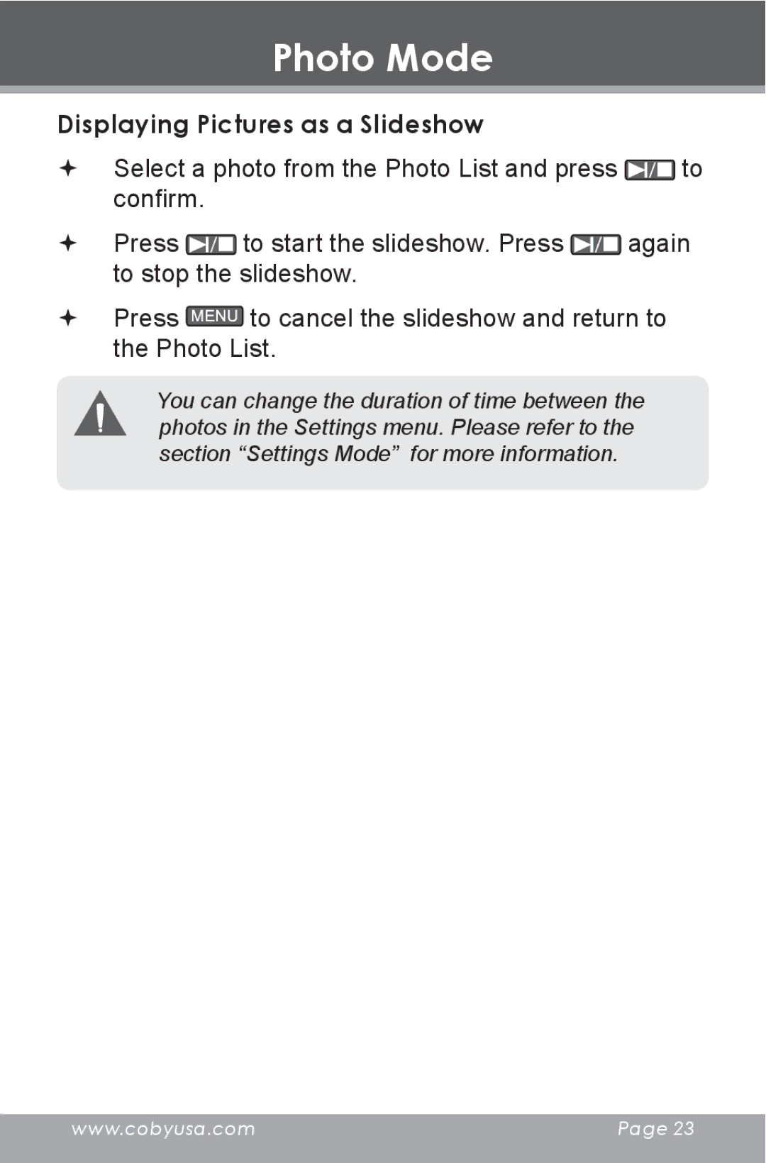 COBY electronic MP805 instruction manual Displaying Pictures as a Slideshow 