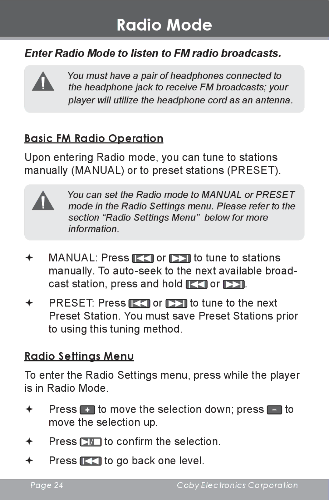 COBY electronic MP805 instruction manual Radio Mode, Basic FM Radio Operation, Radio Settings Menu 