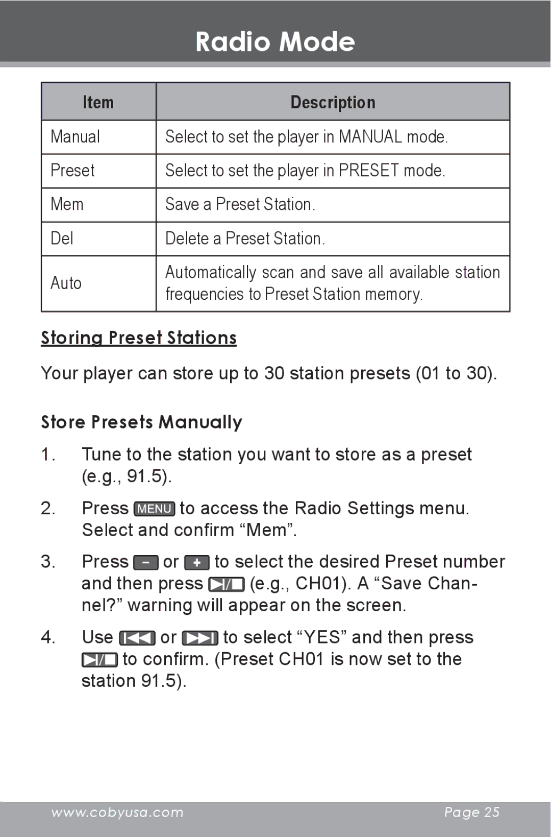 COBY electronic MP805 instruction manual Storing Preset Stations, Store Presets Manually 