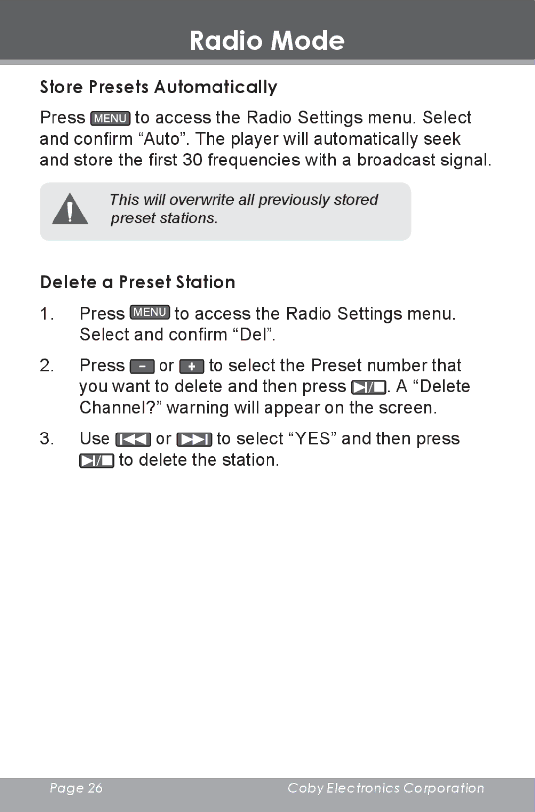 COBY electronic MP805 instruction manual Store Presets Automatically, Delete a Preset Station 