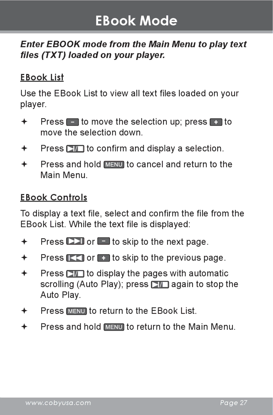 COBY electronic MP805 instruction manual EBook Mode, EBook List, EBook Controls 