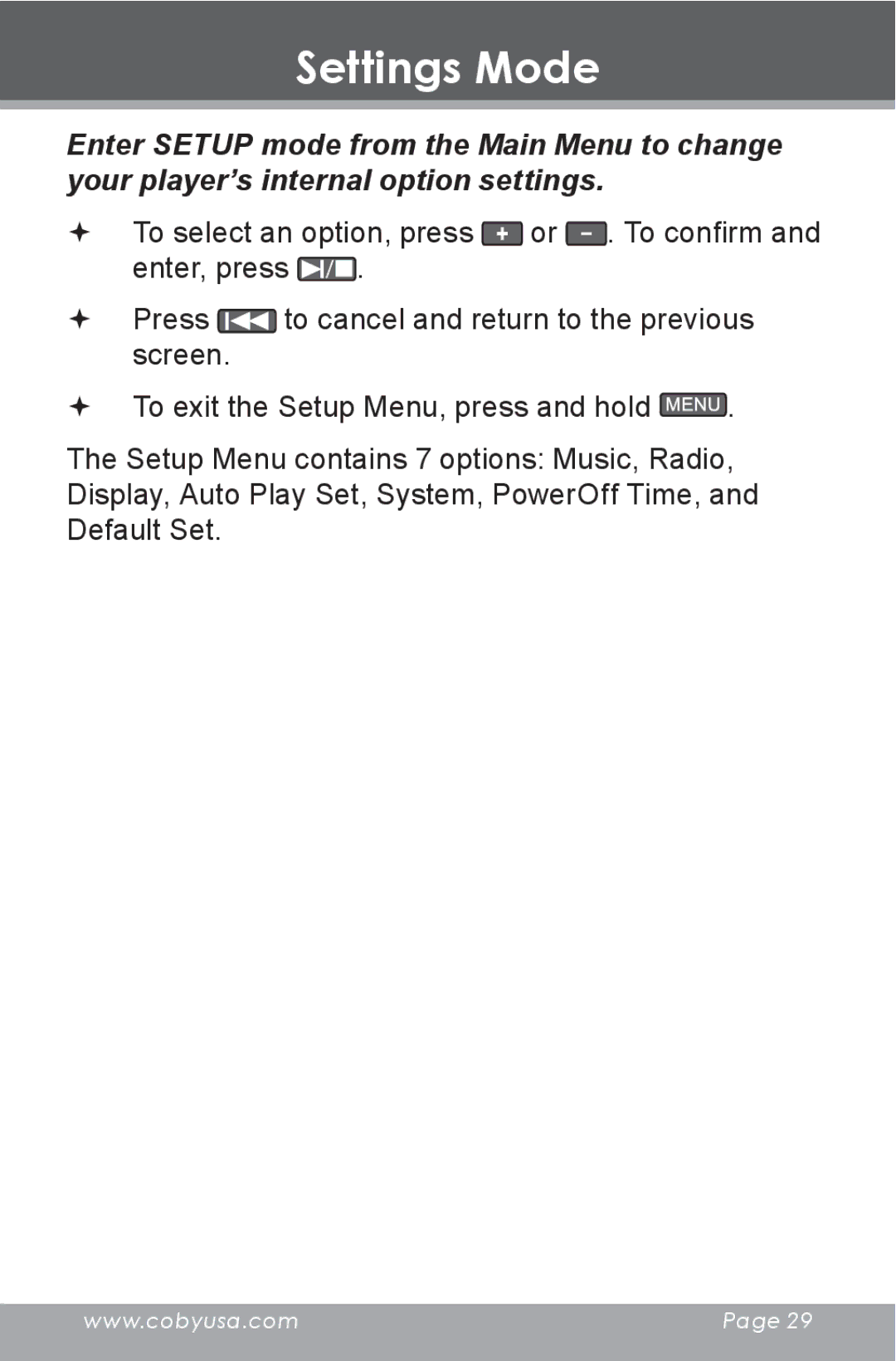 COBY electronic MP805 instruction manual Settings Mode 