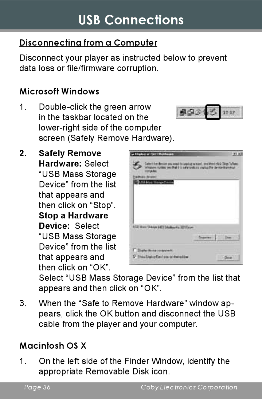 COBY electronic MP805 instruction manual Disconnecting from a Computer 