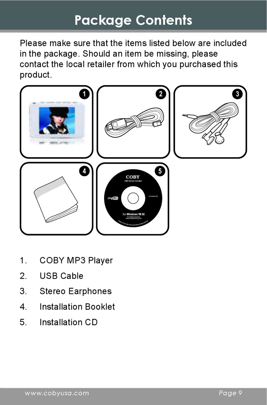 COBY electronic MP805 instruction manual Package Contents 