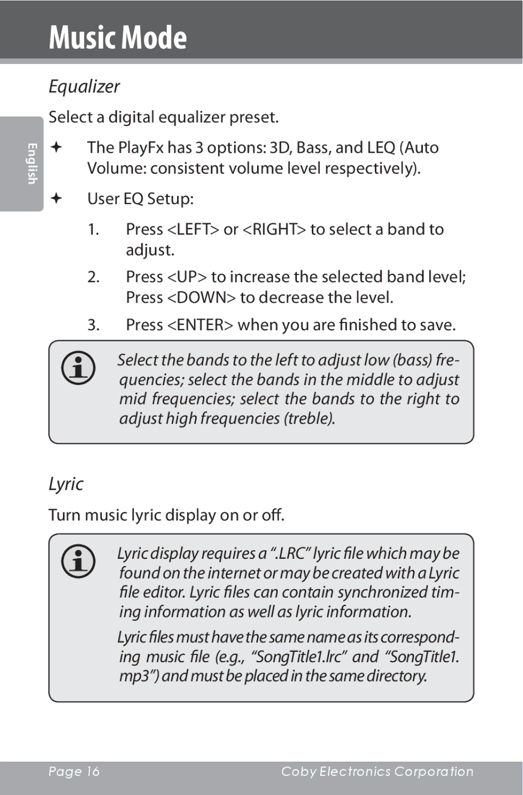 COBY electronic MP815 instruction manual Equalizer, Lyric 