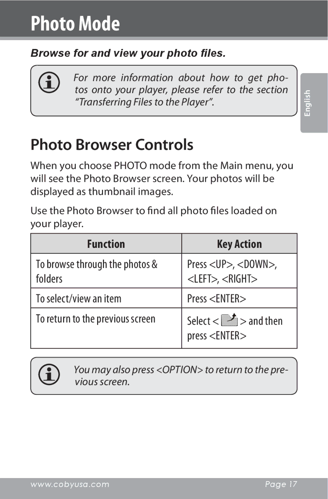 COBY electronic MP815 instruction manual Photo Mode, Photo Browser Controls, Browse for and view your photo files 