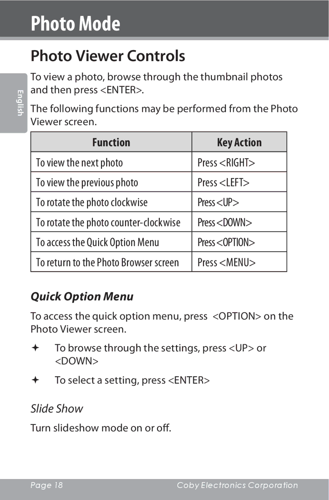 COBY electronic MP815 instruction manual Photo Viewer Controls, Slide Show 