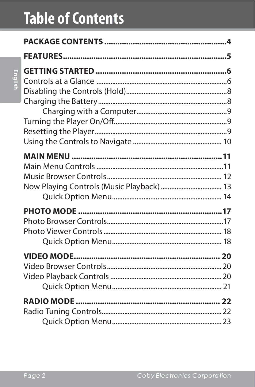 COBY electronic MP815 instruction manual Table of Contents 