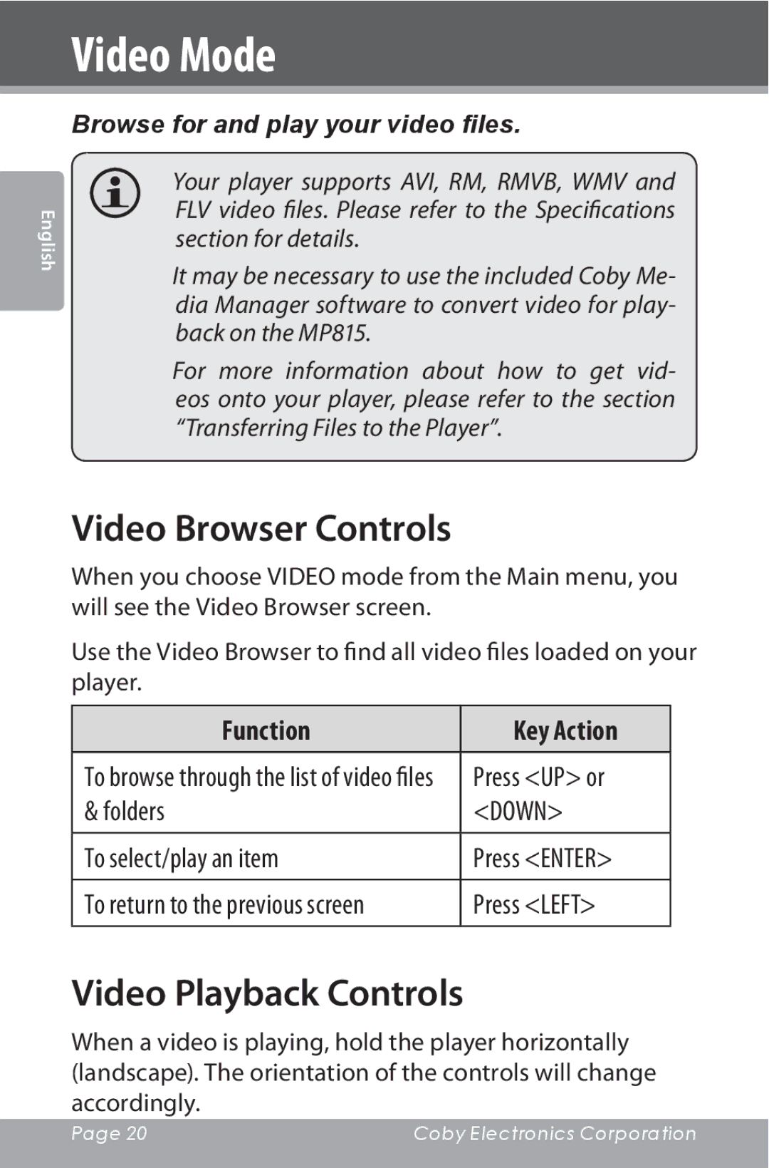 COBY electronic MP815 Video Mode, Video Browser Controls, Video Playback Controls, Browse for and play your video files 