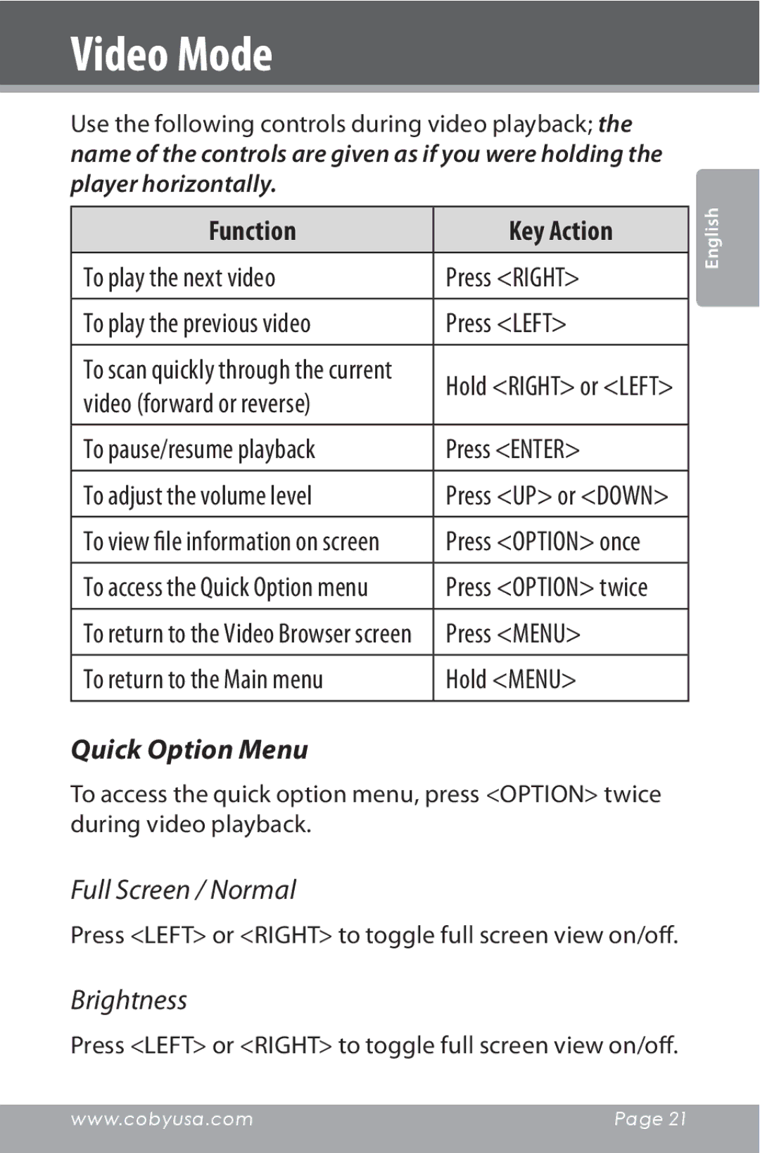 COBY electronic MP815 instruction manual Full Screen / Normal 