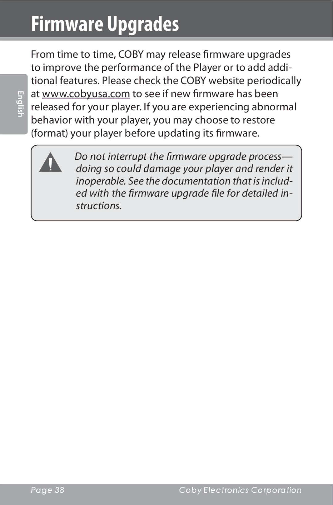 COBY electronic MP815 instruction manual Firmware Upgrades 