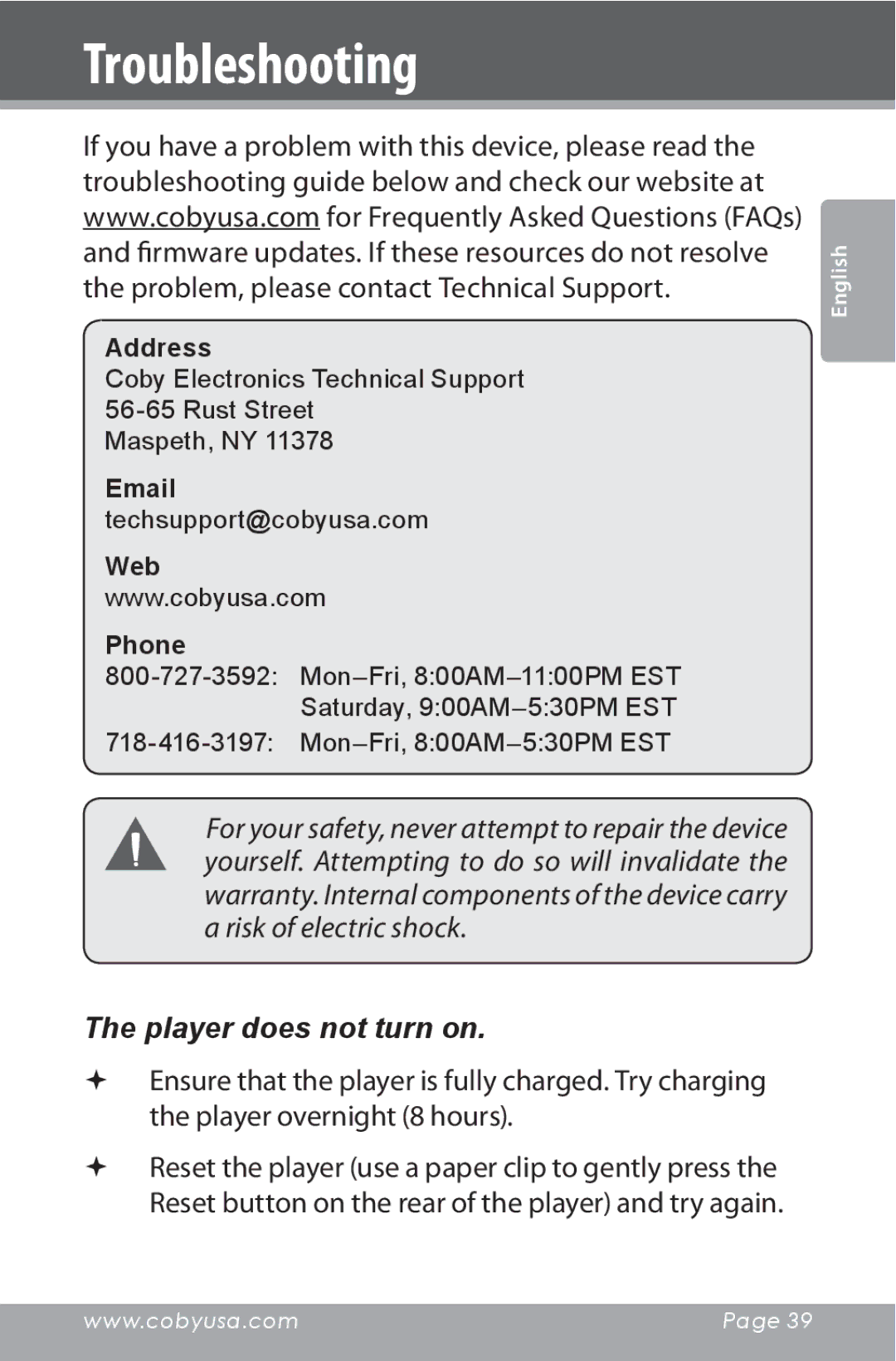 COBY electronic MP815 instruction manual Troubleshooting, Player does not turn on 