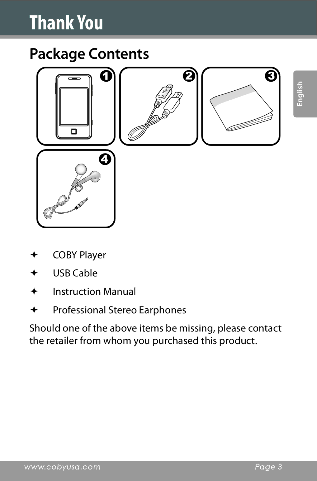 COBY electronic MP822-16G, MP822-4G, MP822-8G setup guide Package Contents 