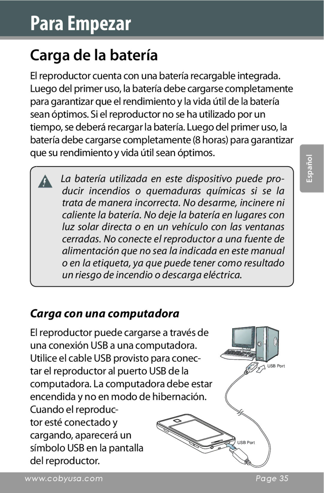 COBY electronic MP822-8G, MP822-16G, MP822-4G setup guide Para Empezar, Carga de la batería, Carga con una computadora 