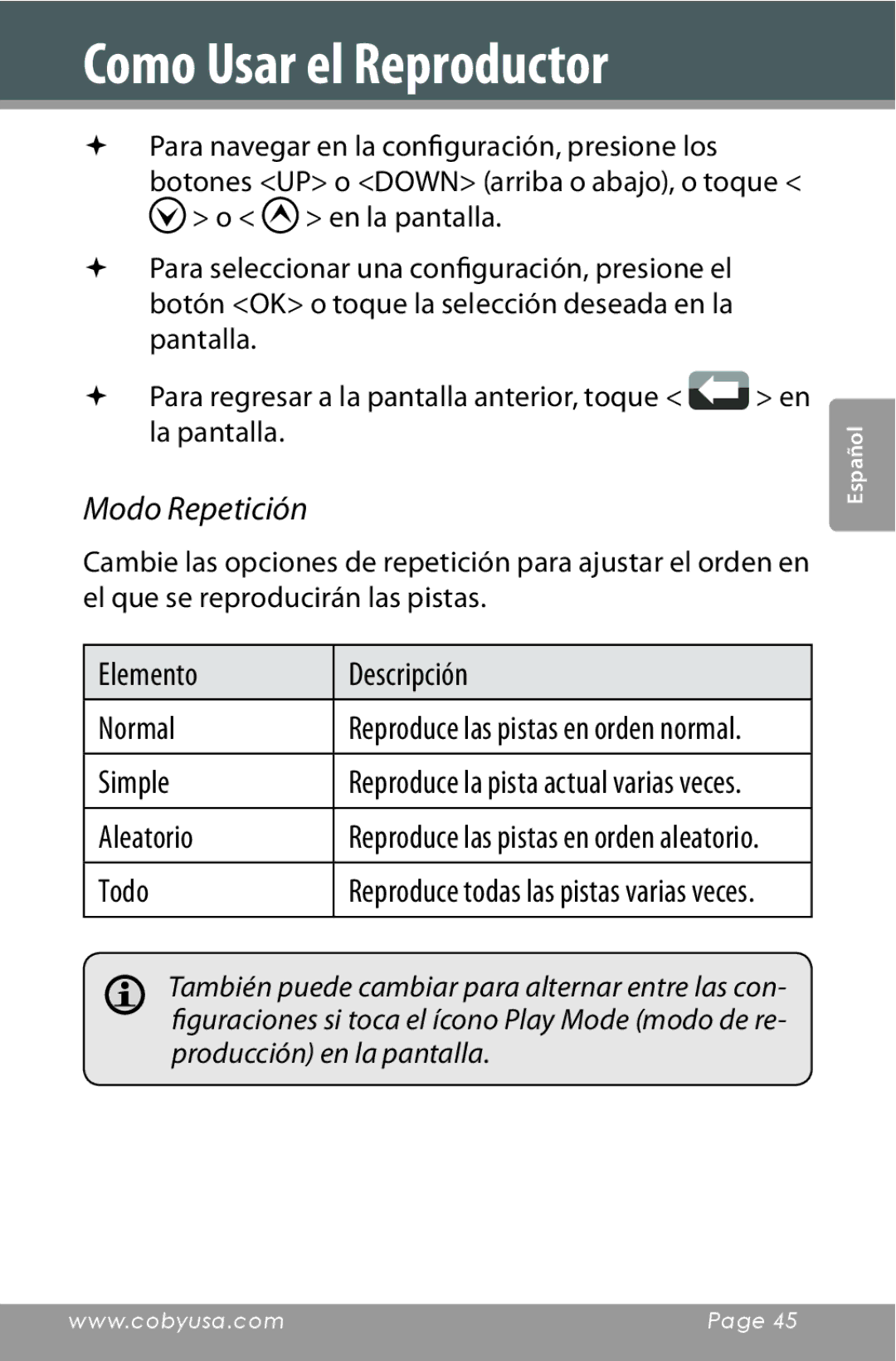 COBY electronic MP822-16G, MP822-4G, MP822-8G setup guide Modo Repetición 