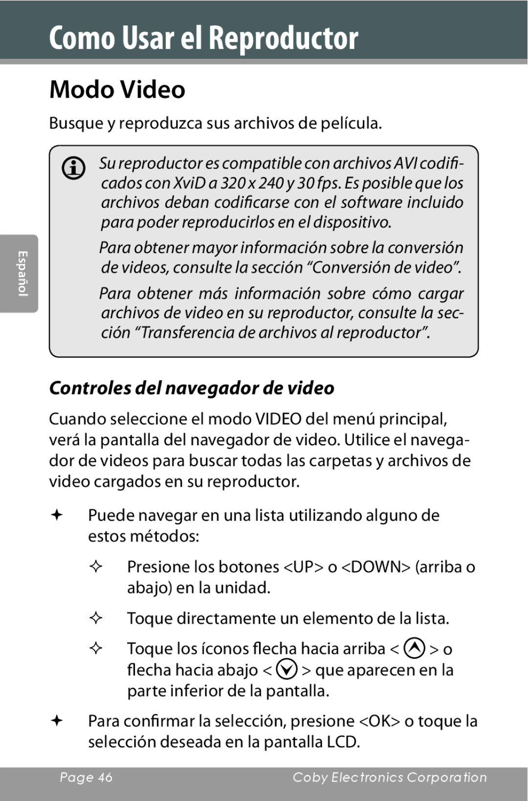 COBY electronic MP822-4G, MP822-16G, MP822-8G setup guide Modo Video, Controles del navegador de video 