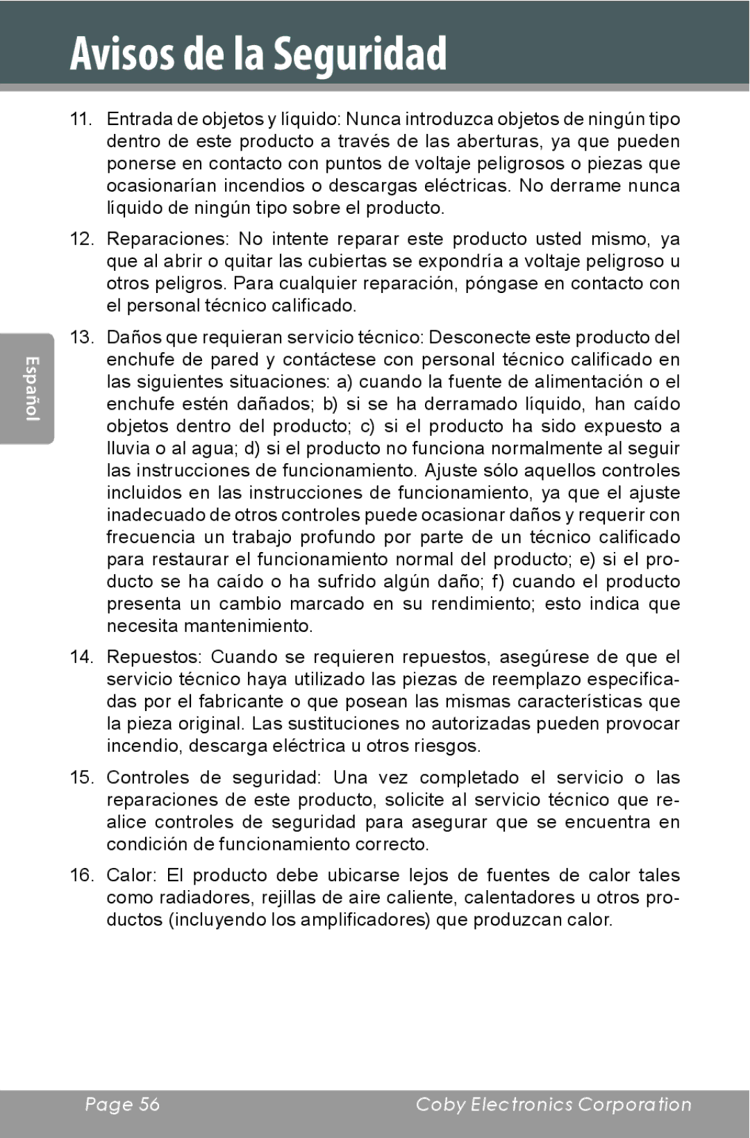 COBY electronic MP822-8G, MP822-16G, MP822-4G setup guide Avisos de la Seguridad 