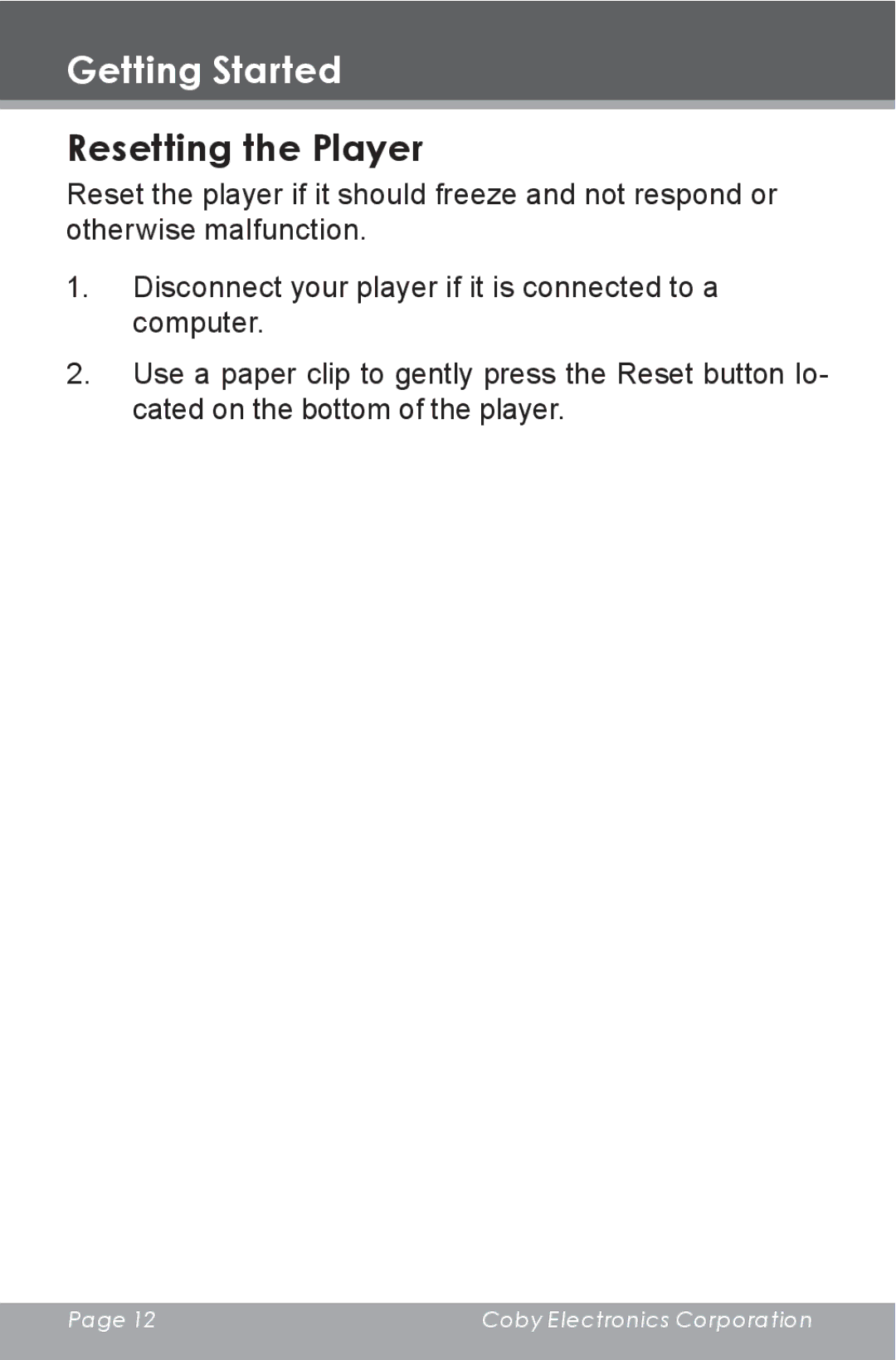 COBY electronic MP826-4G, MP826-8G, MP826-2G instruction manual Resetting the Player 