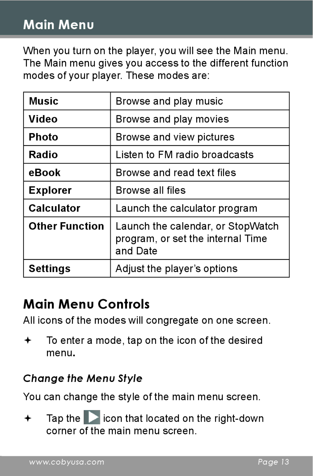 COBY electronic MP826-8G, MP826-4G, MP826-2G instruction manual Main Menu Controls, Change the Menu Style 