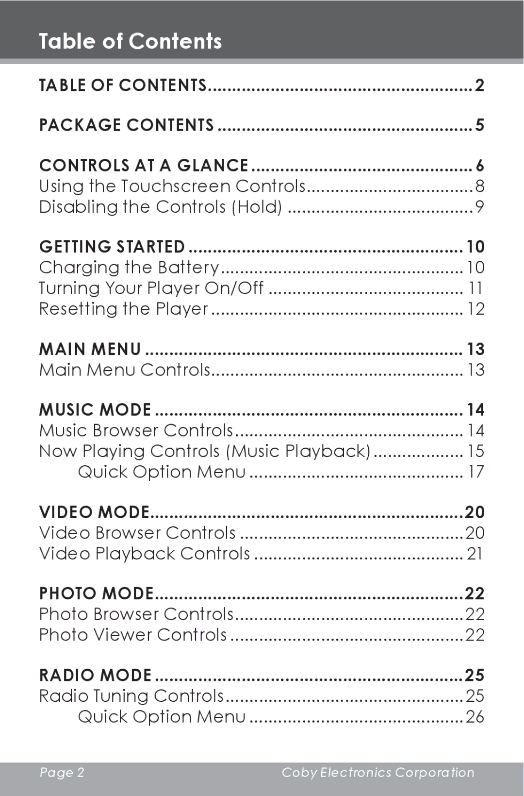 COBY electronic MP826-2G, MP826-4G, MP826-8G instruction manual Table of Contents 