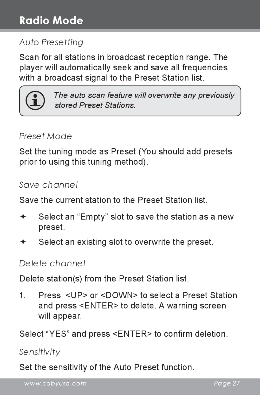 COBY electronic MP826-4G, MP826-8G, MP826-2G instruction manual Preset Mode 