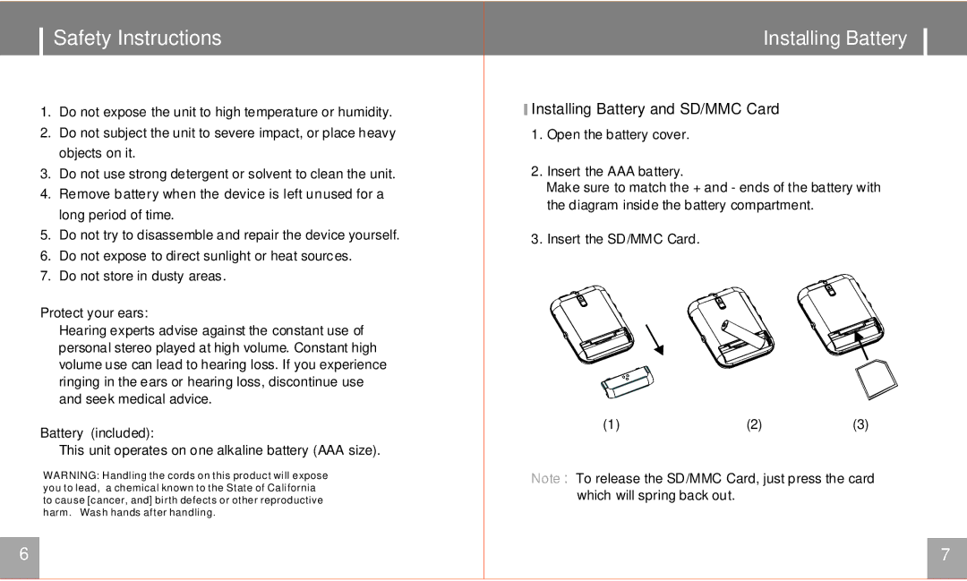 COBY electronic MPC541 user manual Safety Instructions, Installing Battery and SD/MMC Card, Protect your ears 