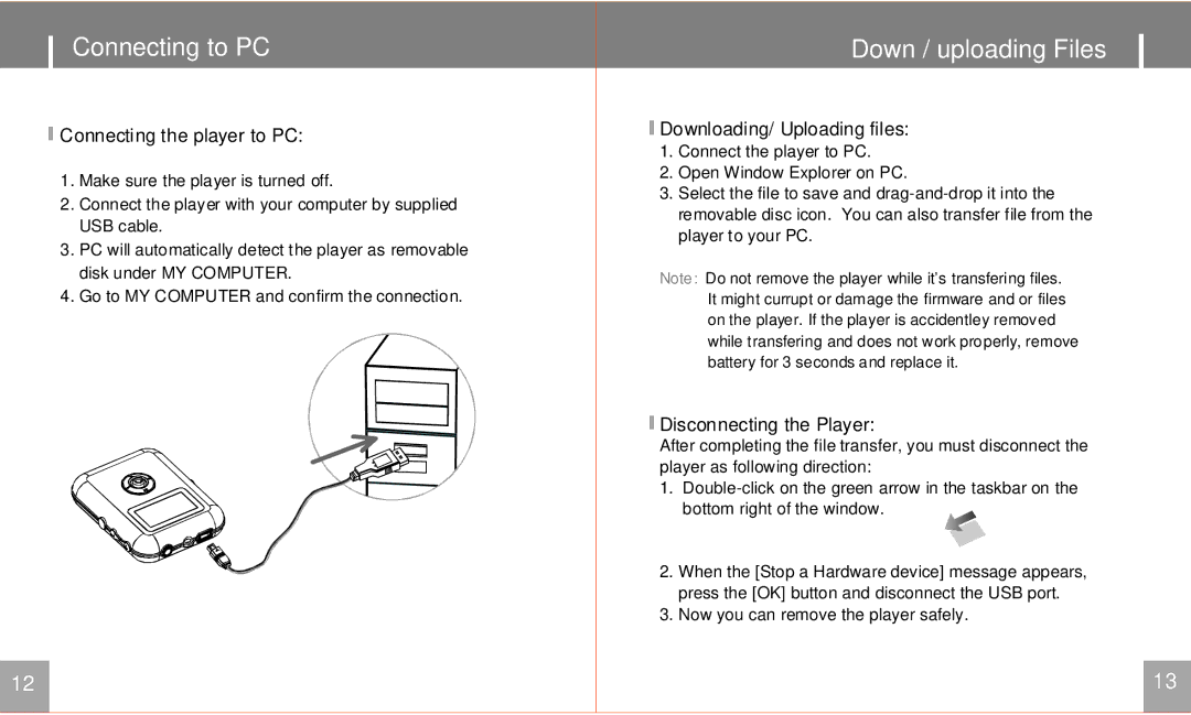 COBY electronic MPC541 Connecting to PC, Down / uploading Files, Connecting the player to PC, Downloading/ Uploading files 