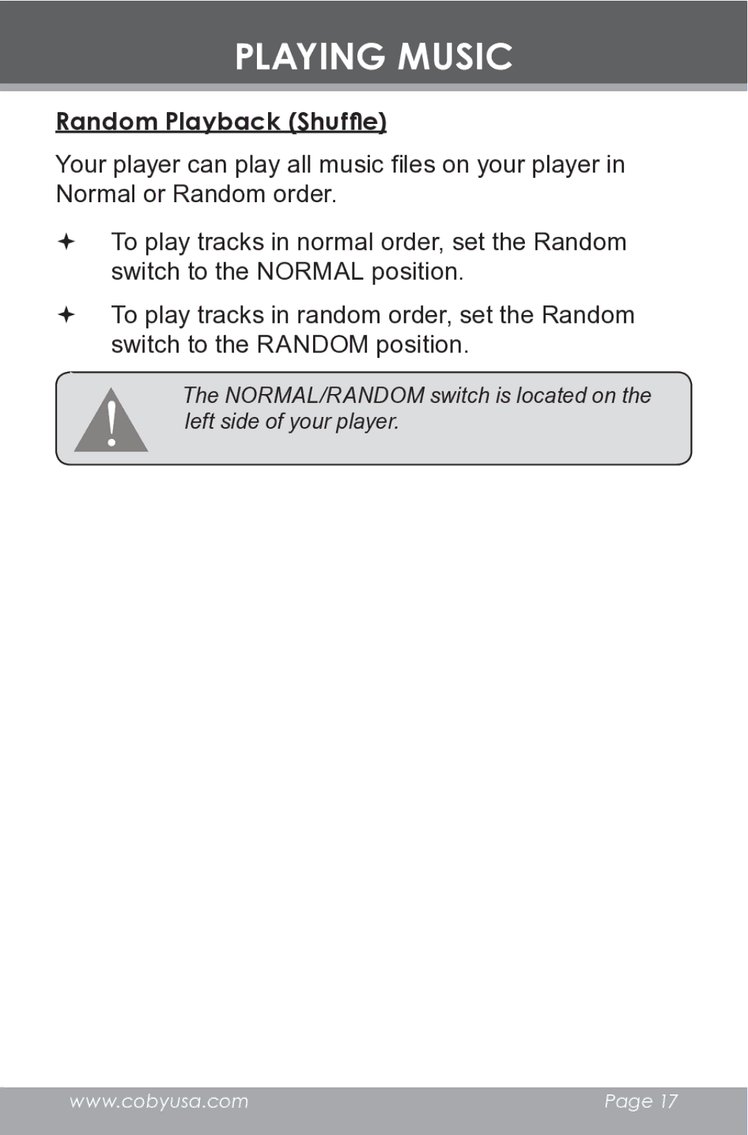 COBY electronic MPC582 instruction manual Random Playback Shuffle 