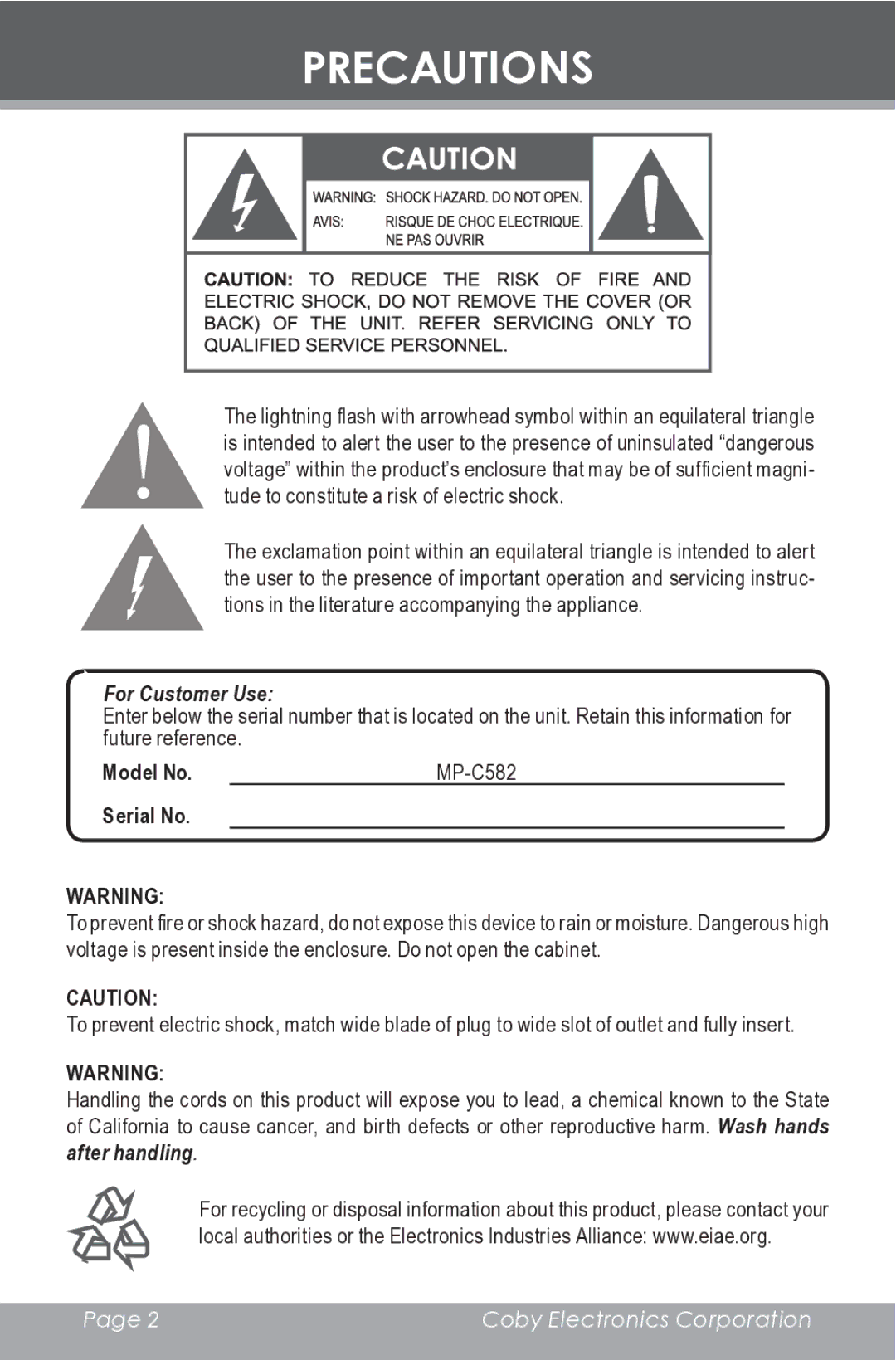 COBY electronic MPC582 instruction manual Precautions, For Customer Use 