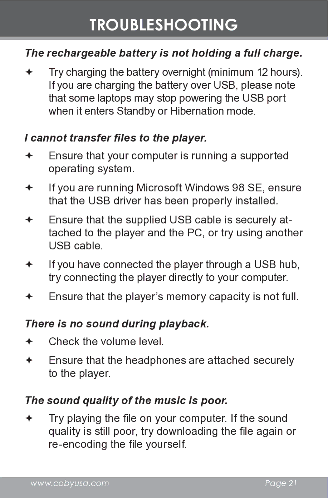 COBY electronic MPC582 Rechargeable battery is not holding a full charge, Cannot transfer files to the player 