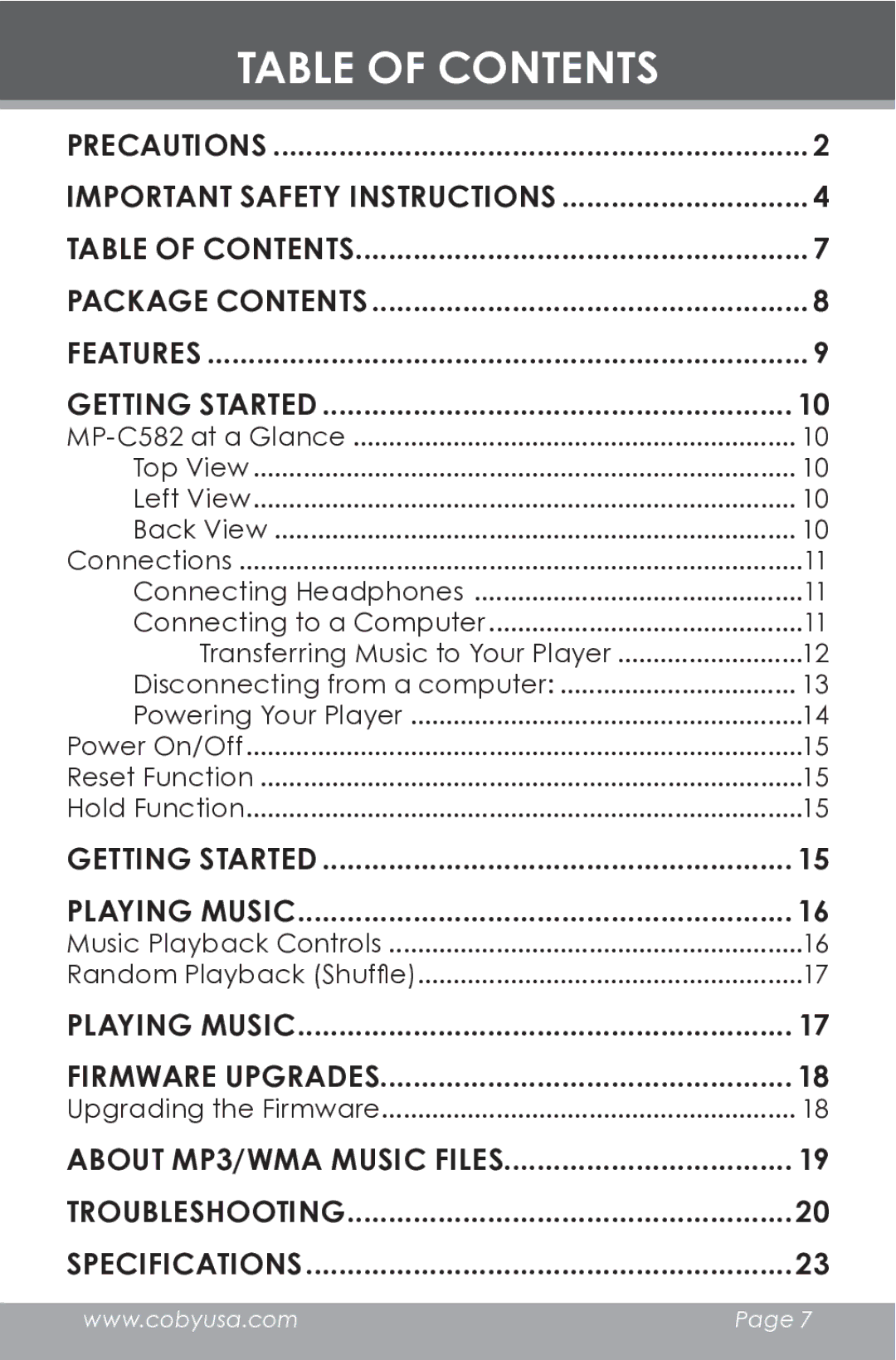 COBY electronic MPC582 instruction manual Table of Contents 