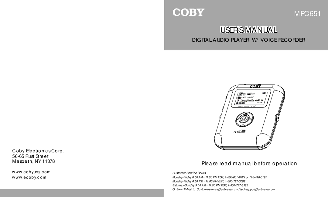 COBY electronic MPC651 user manual Digital Audio Player W/ Voice Recorder 