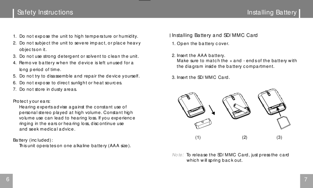 COBY electronic MPC651 user manual Safety Instructions, Installing Battery and SD/MMC Card 