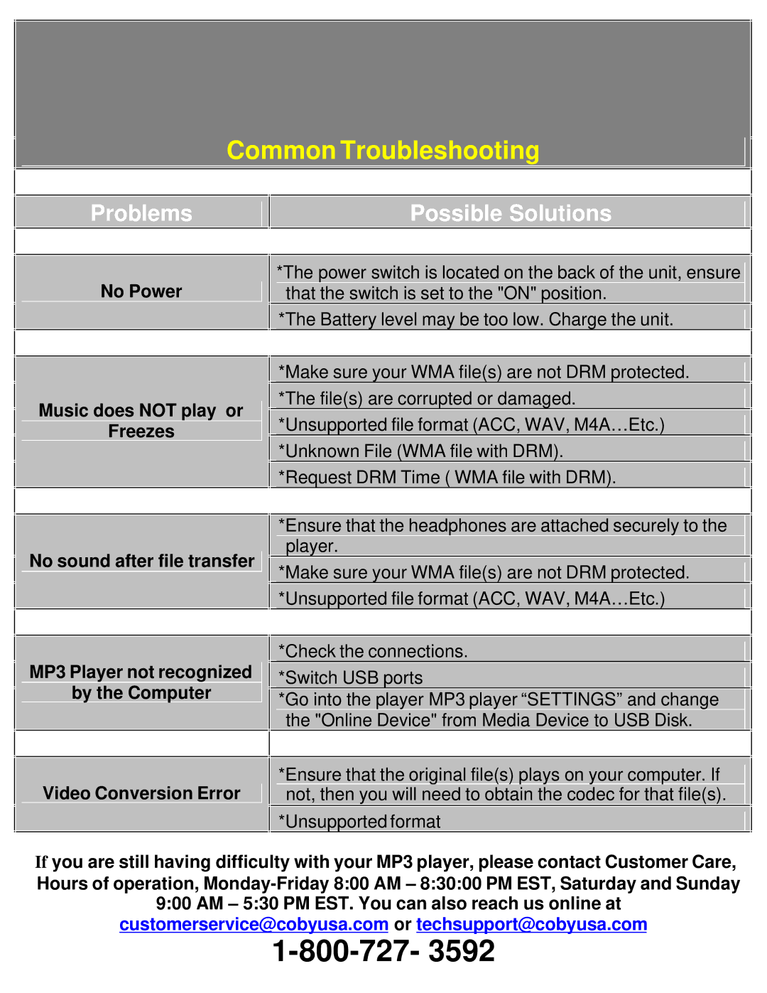 COBY electronic MPC7052 setup guide 800-727 