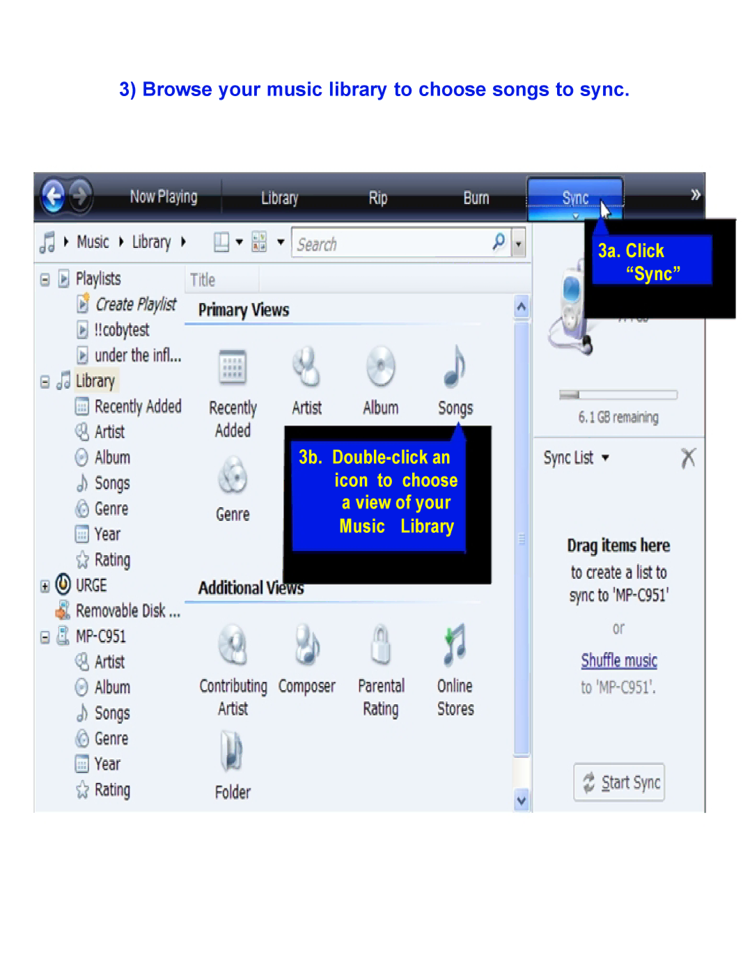 COBY electronic MPC7052 setup guide Browse your music library to choose songs to sync 