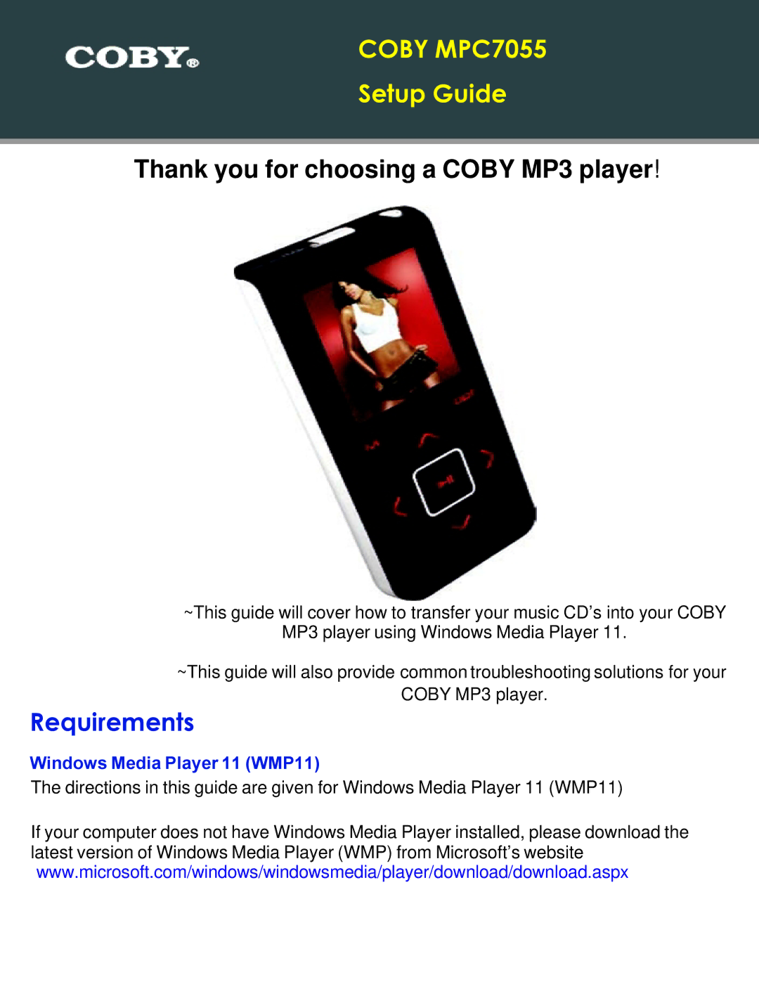 COBY electronic setup guide Coby MPC7055, Requirements 